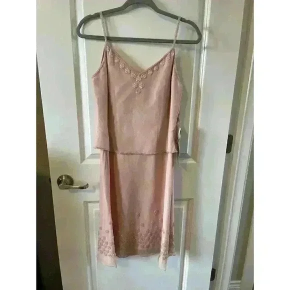 NWT SCALA Womens Pink 100% Silk Beaded Lined Dress size 6 with cover bridal
